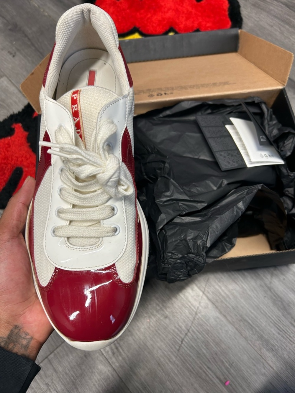 Prada Men’s White and Red Low-Top Sneakers with Patent Accents - Picture 4 of 7